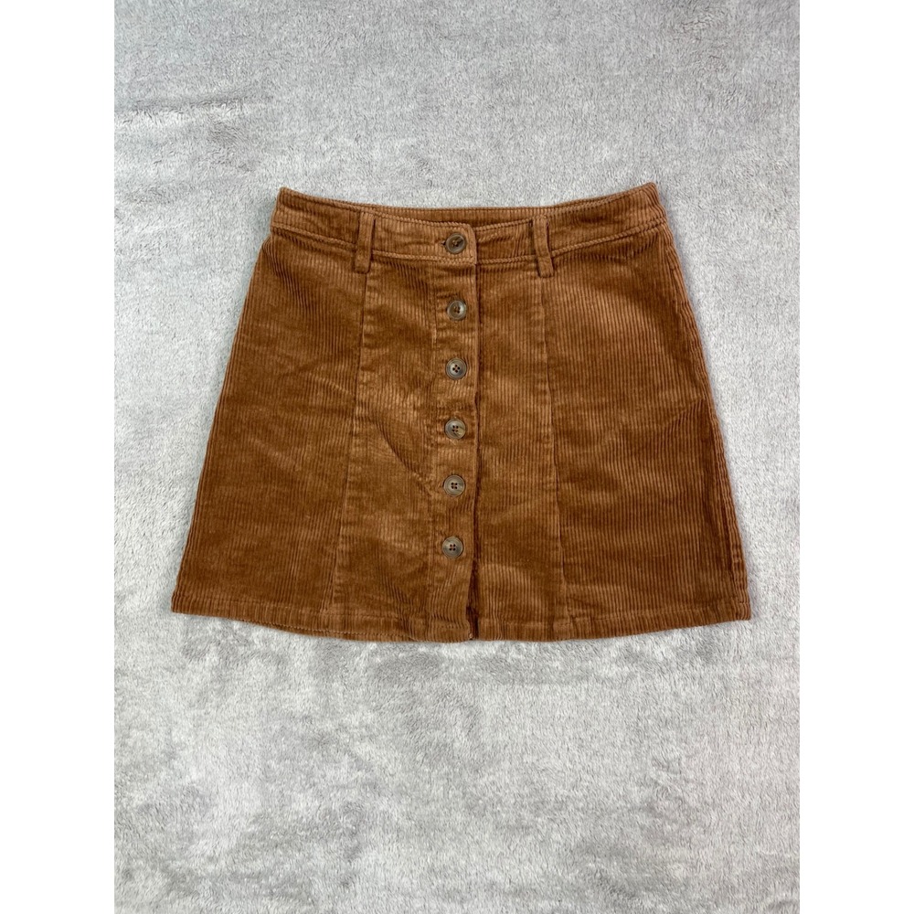 Forever 21 Women Small Brown Corduroy Mini Skirt Button Front High Waist A-Line